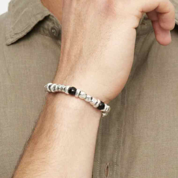Pulsera Elástica Cuentas Plateadas Negras