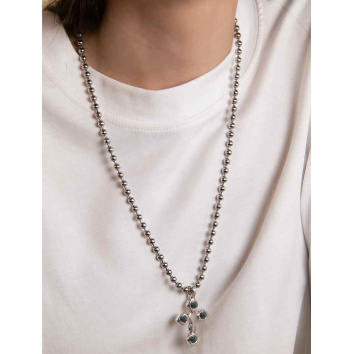 Silver Cross Necklace Black Beads