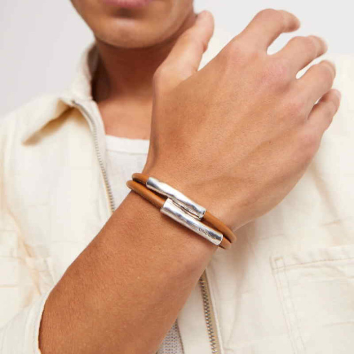 Pulsera Cuero Tubos Color Coñac