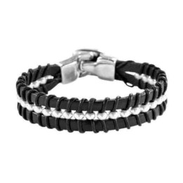 Pulsera Cuero Negro Cuentas Plata