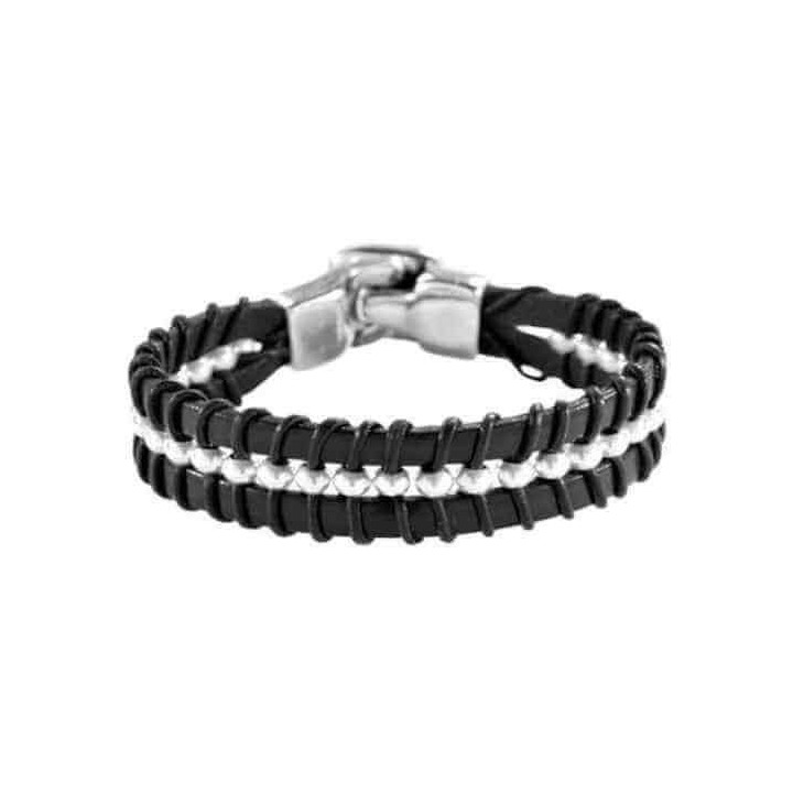 Schwarzes Lederarmband mit Silberperlen